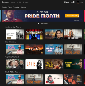 Logged-in view of Kanopy home page.