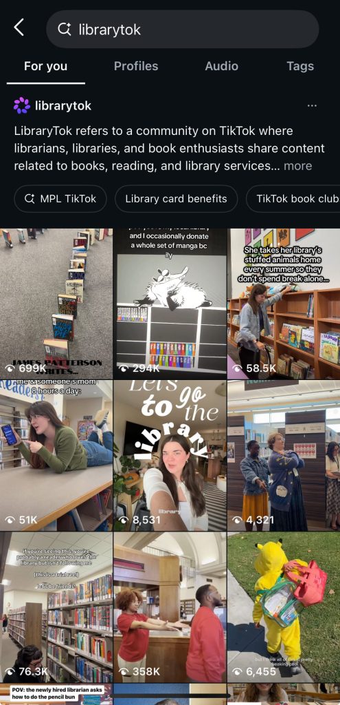 Screenshot of LibraryTok posts on Instagram.