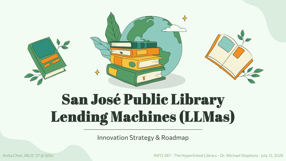 Cover slide for slide deck titled "San Jose Public Library Lending Machines (LLMas)"
