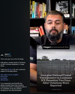 Memo Torres reporting on ICE activity in SoCal sitting in front of a bookshelf.