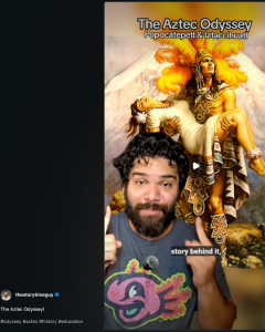 Mathew Torres in an Instagram post in front of the stylized image of the Aztec myth of Popocateptl and Iztacihuatl. 