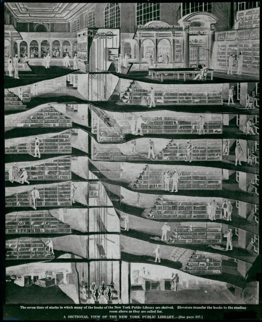 Architectural cross-sectional diagram of stacks at the New York Public Library