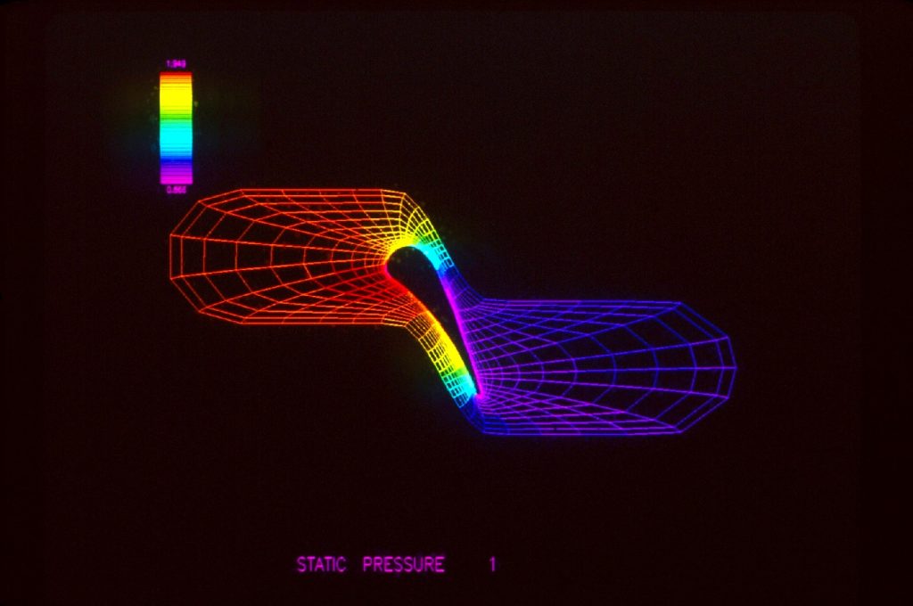 A virtual visualization shows two half circle, the first up higher than the second, joining in the center through a rectangular shape. The entire object contains lines that resemble netting. The text at the bottom reads "Static Pressure".