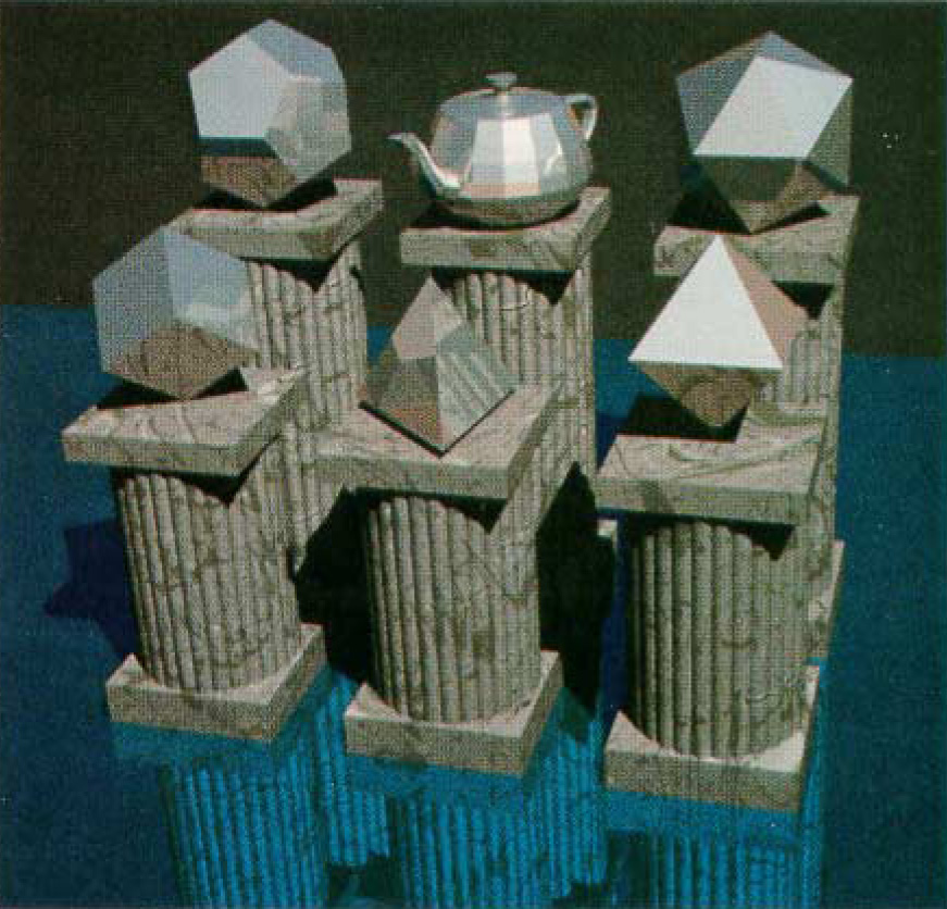 "The Six Platonic Solids", an image that humorously adds the Utah teapot to the five standard Platonic solids