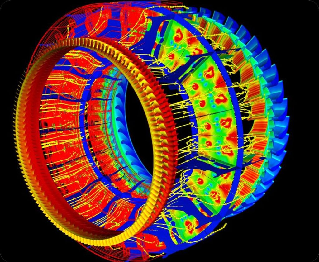 This 3D model shows a large cone shaped object with a hole in the middle. The object is brightly colored with vibrant greens, blues, oranges, and reds.