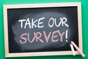 A chalkboard with the words "Take Our Survey" written on it. 