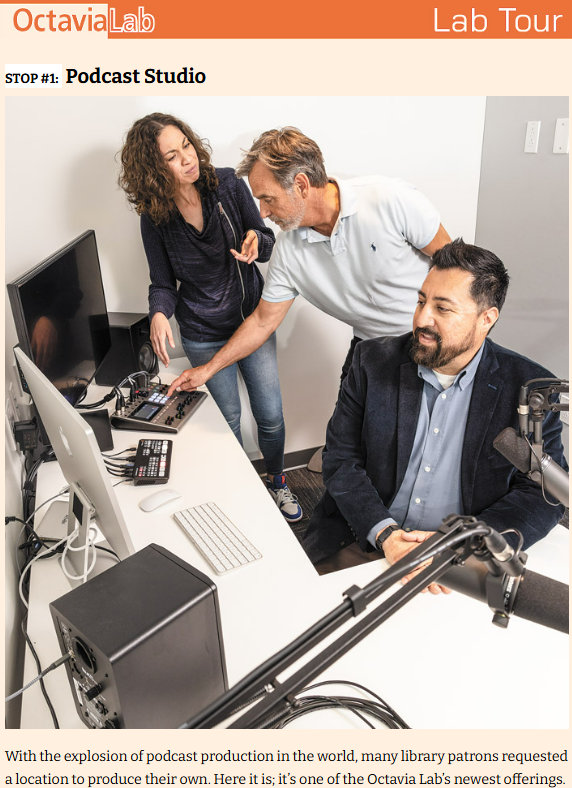 Octavia Lab manager Lauren Kratz and colleagues operate the podcast production studio at Los Angeles Public Library's Central Library in 2023. (Image Courtesy of LAPL & Alive! by Glenn Marzano and Dearbhla McNulty)