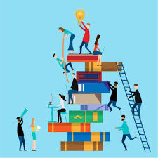 Illustration of people climbing stacked books.