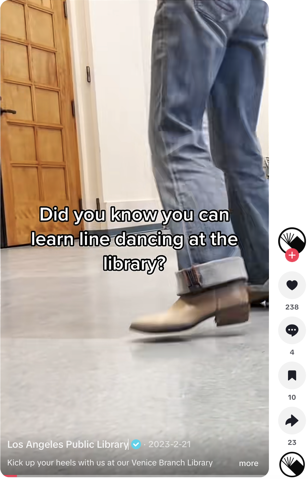 A screenshot of LA Public Library's TikTok post about their line dancing program. Text on the post reads "Did you know you can learn line dancing at the library?"
