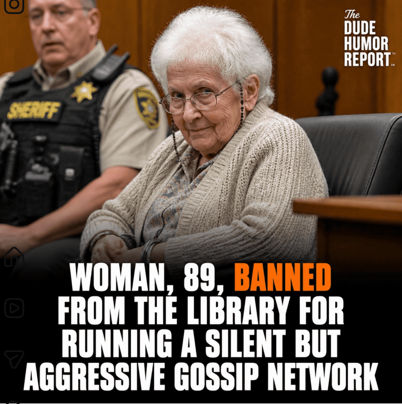 AI-generated photo of an old woman in a courtroom. Text reads "Woman, 89, banned from the library for running silent but aggressive gossip network"