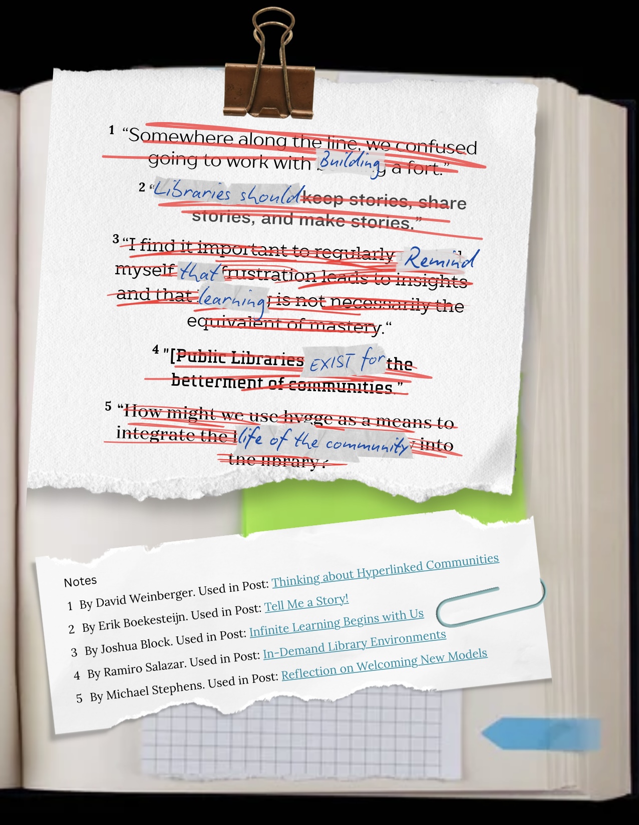 photo of scrapbook with papers containing text paperclipped inside 