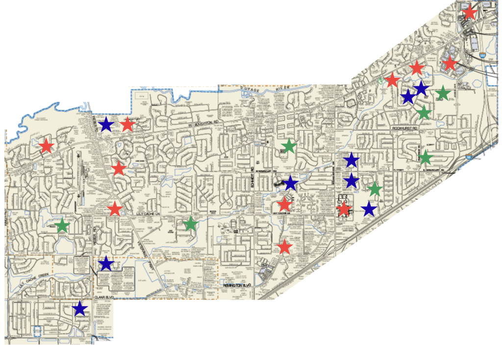 Map of Bolingbrook, IL, with stars that represent Outreach locations. Eleven red stars represent Bookmobile stops, nine blue stars represent senior and preschool stops, and seven green stars represent school visits.