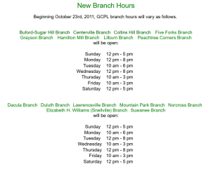 A screenshot of Gwinnett County Public Library's Buddy Branch hours from the Wayback Machine