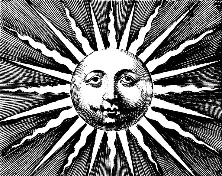 A black and white image of the sun with a human face.