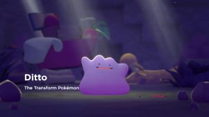 Screenshot of the Pokemon Ditto from the video game Pokemon Pokopia. Ditto is purple and amorphous with two dots for eyes and a smiling pink mouth