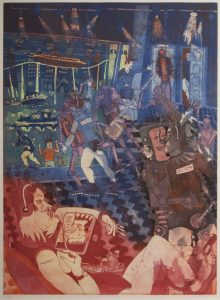 A futuristic scene of robots and human figures at a club. Robots and humans dance, while a figure in the foreground fondles herself while watching a television screen. The background shows the outdoors and a submarine-like ship traveling across the way.