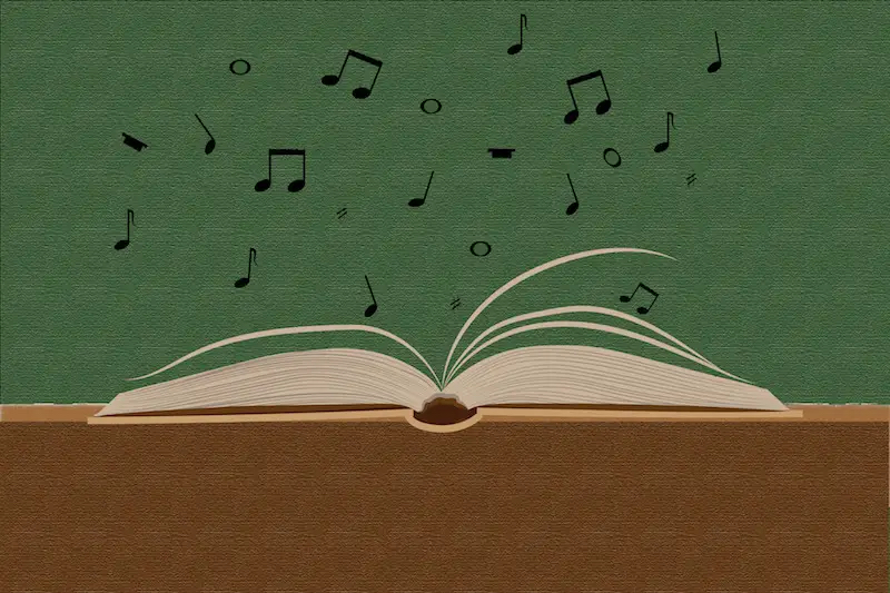 A illustration of an open book on a brown table with black music notes floating above the white pages on a green background
