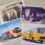 Image of four photographs showing the evolution of a Danish bookmobile through the years.