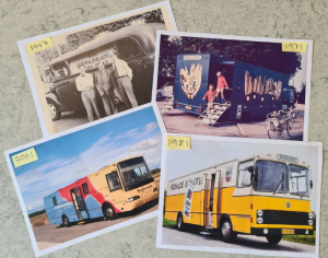Image of four photographs showing the evolution of a Danish bookmobile through the years.