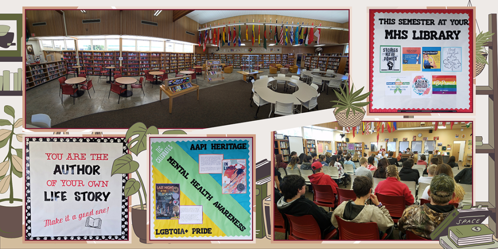 Collage of photos showing a high school library and bulletin board displays.