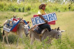 A man with a sign for "Biblioburro" rides book-ridden donkeys.