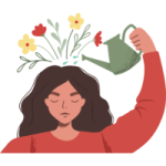 Graphic of a woman watering flowers growing out of her head.