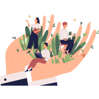 Graphic of people working in nature and seated in open hands.