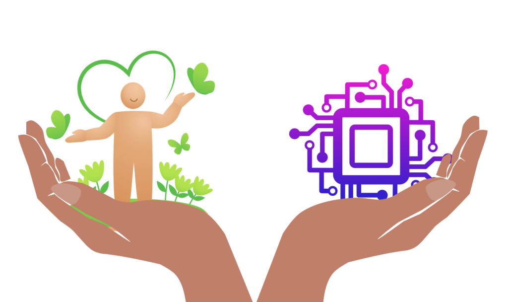 An illustration of two cupped hands: one holds a human figure surrounded by butterflies and flowers with a green heart in the background, the other holds a depiction of a computer network