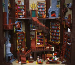 A library built of Lego bricks, with bookshelves, tables and chairs, and ladders.