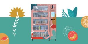 Pink library vending machine on a green background from the San Francisco Public Library.