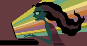 cartoon of student working on a laptop
