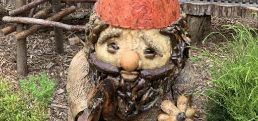 a photo of a small garden gnome sculpture wearing a red hat and holding a flower