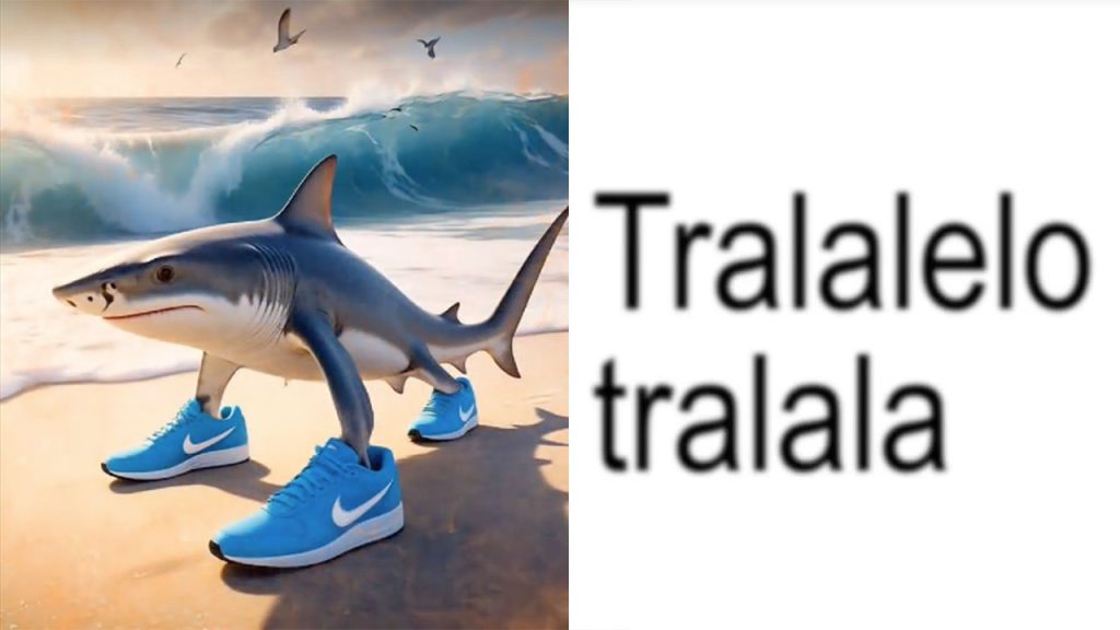 a gray and white shark wearing blue Nike sneakers on a beach with waves crashing in the background.