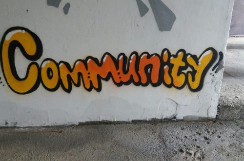 The word community on a white wall as graffiti