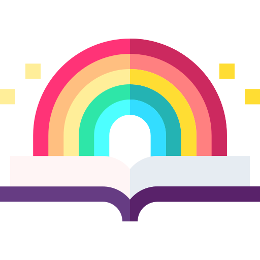 rainbow with sparkles hovering over an open book