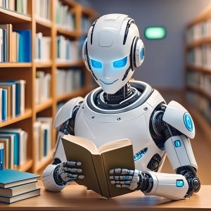 a robot reads a book in a library, image created by Adobe Firefly AI