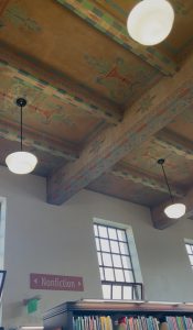 colorful 1930's era frieze on the ceiling of Anza Library, San Francisco