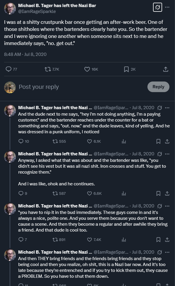 A tweet thread by user "Michael B. Tager has left the Nazi Bar" describing how Nazi bars form.