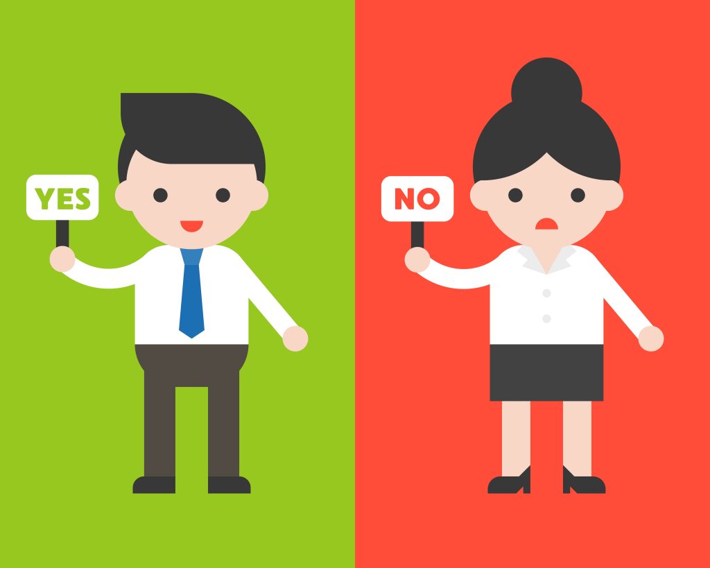 A colorful vector graphic of two people - one is holding up a yes sign and the other a no sign.