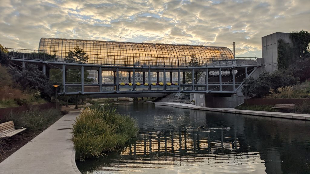 The Crystal Bridge Observatory in OKC, OK catches the suns rays on an autumn morning.