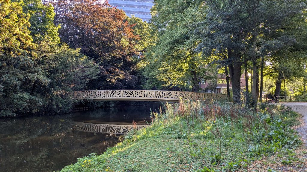 Highlights a bridge in an urban park neighboring the bustling city of The Hague.